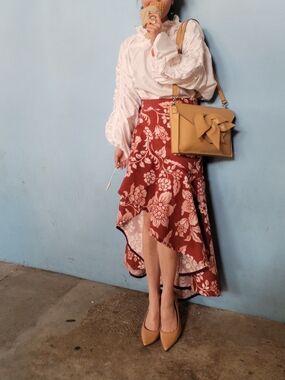 Ruffled High-Low Floral Skirt in Brick Red
